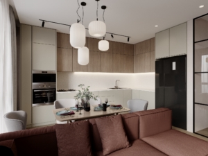 Кухня студия в ЖК Heaven с большой функциональной кухонной зоной jkheaven design interiordesign interiordesigner housedesign houseinterior 3dvisualisation kitchen kitchendesign кухня дизайн дизайн интерьера дизайнер алматы дизайн кухни дизайн дома интерьер дома